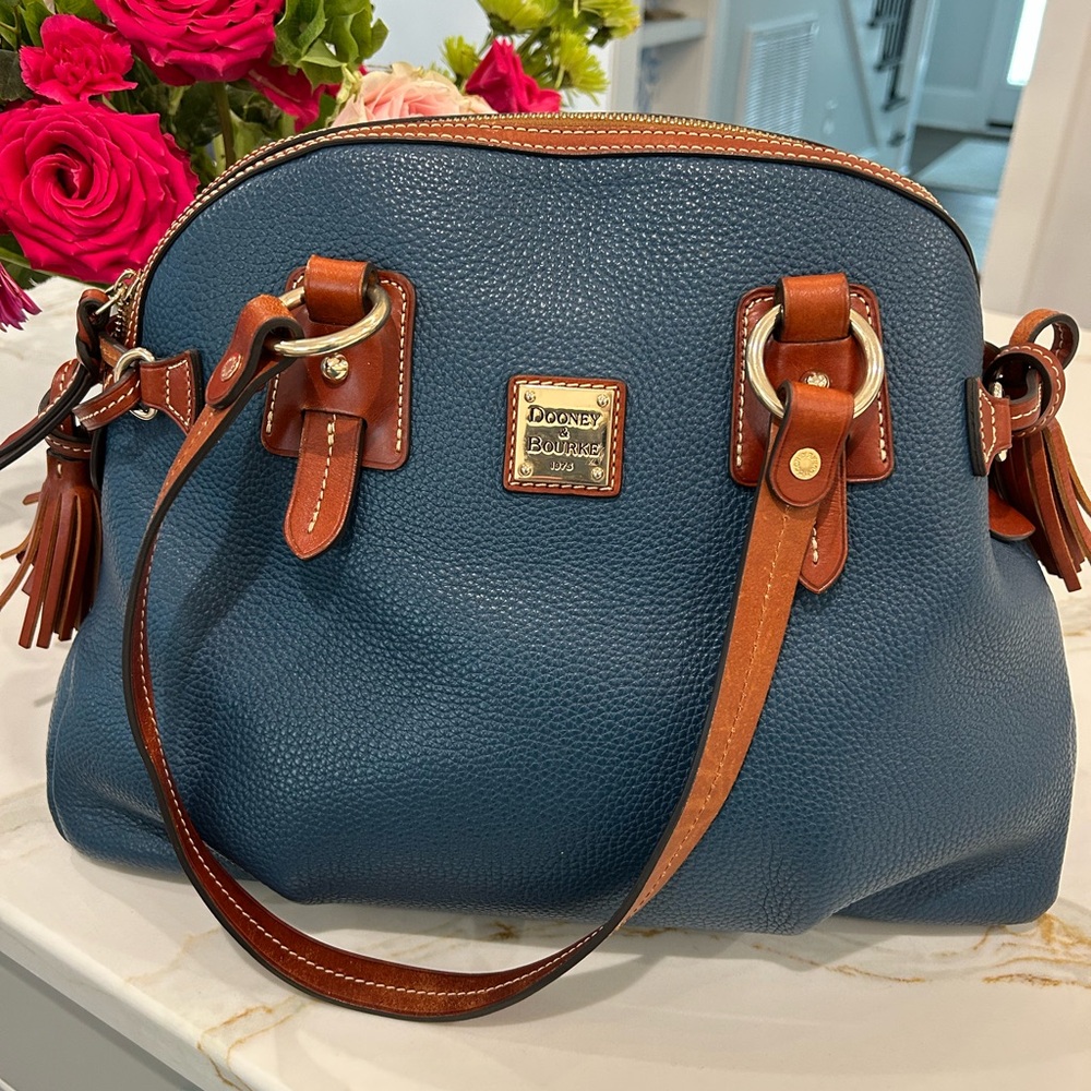 Dooney & Bourke Blue Pebbled Leather Satchel with Brown Trim